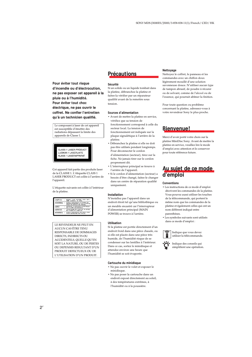 Page 1 de la notice Manuel utilisateur Sony MDS-J3000ES