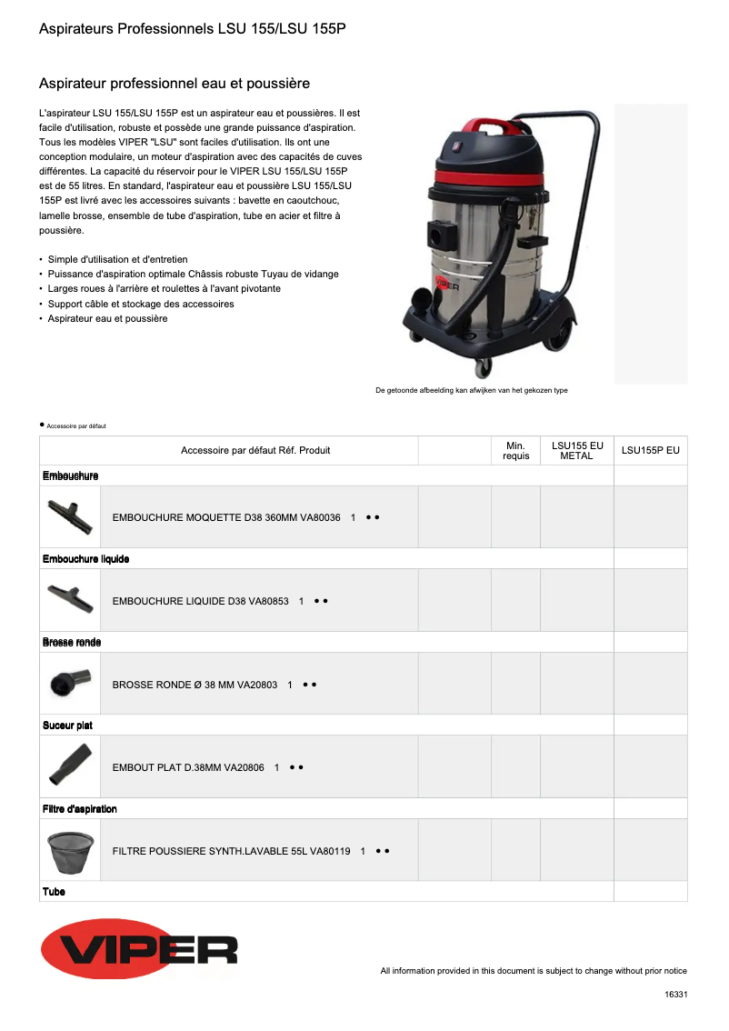Página 1 del manual Ficha técnica Nilfisk Viper  LSU155