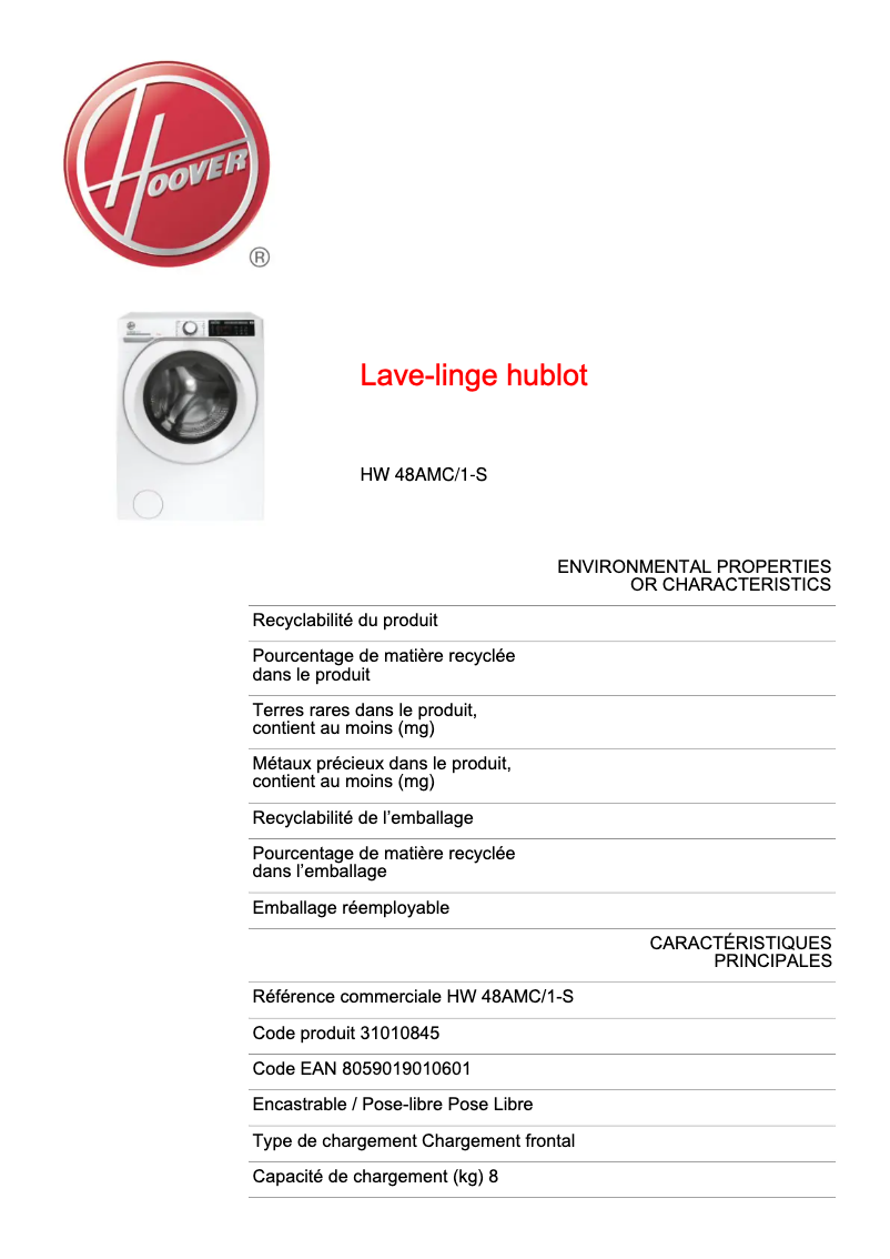 Page n°1 - Fiche technique Hoover H-WASH 500 HW 48AMC/1-S