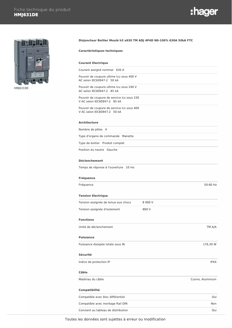 Page 1 de la notice Fiche technique Hager HMJ631DE
