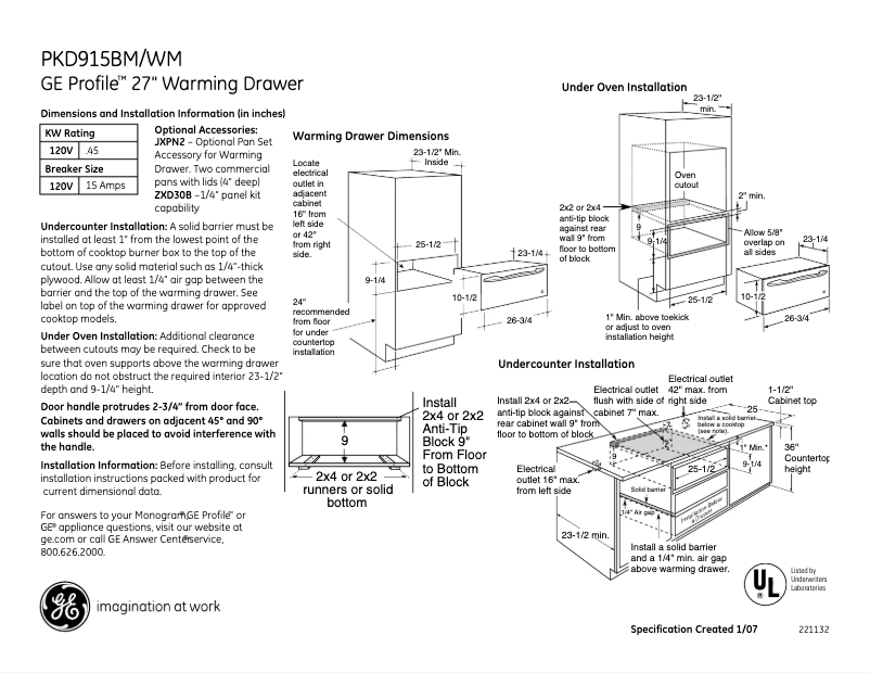 Page n°1 - Fiche technique GE Profile PKD915WMWW