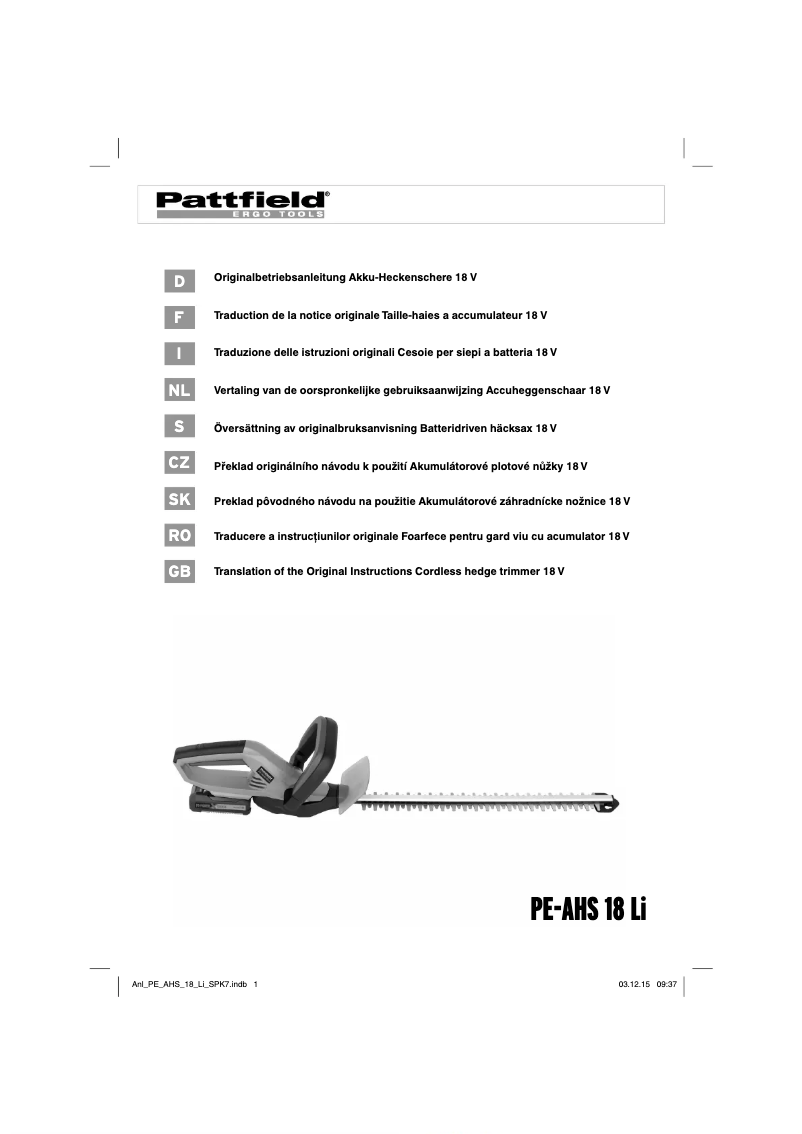 Page 1 de la notice Manuel utilisateur Pattfield PE-AHS 18 Li
