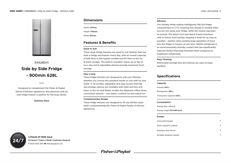 Page 1 de la notice Fiche technique Fisher & Paykel RX628DX1