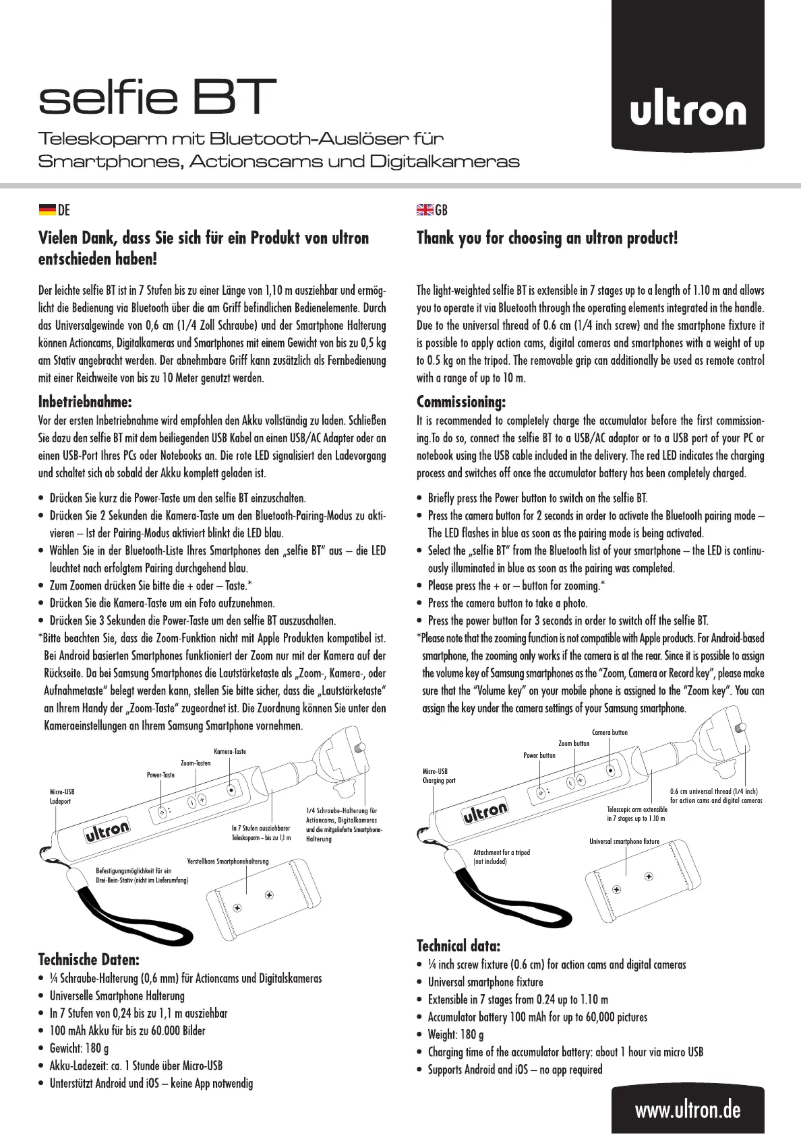 Page 1 de la notice Manuel utilisateur Ultron Selfie BT