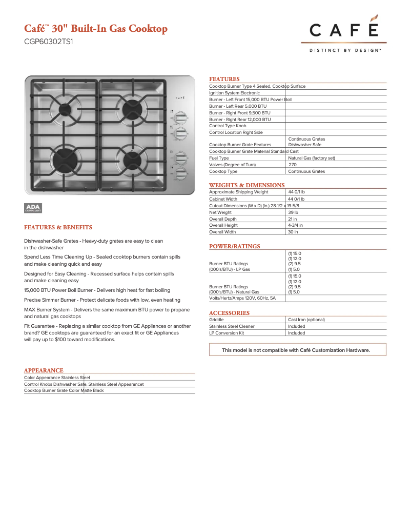 Page 1 de la notice Fiche technique GE Café CGP60302TS1