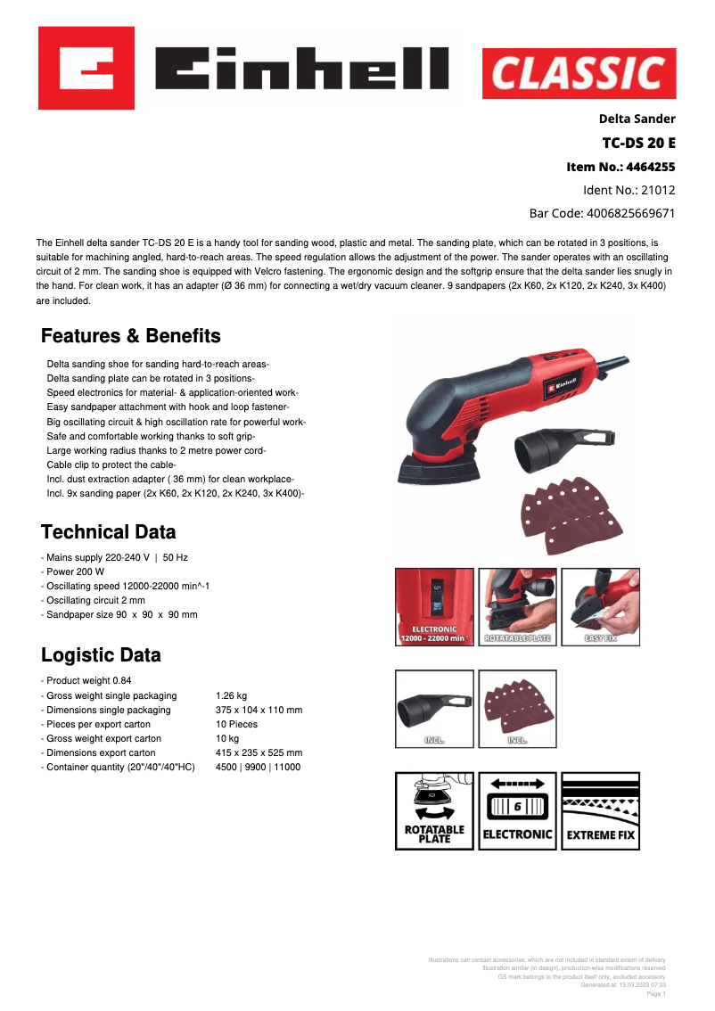 Page 1 de la notice Fiche technique Einhell TC-DS 20 E