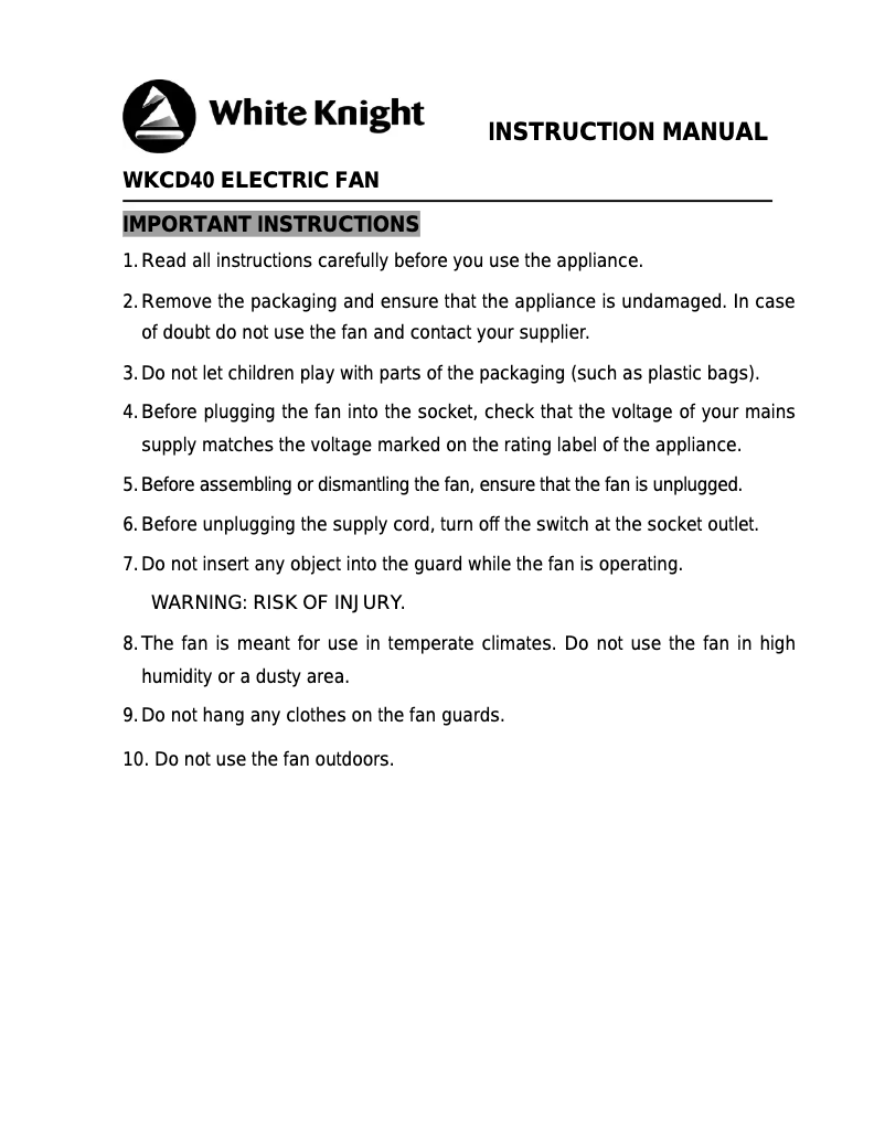 Page n°1 - Manuel utilisateur White Knight WKCD40