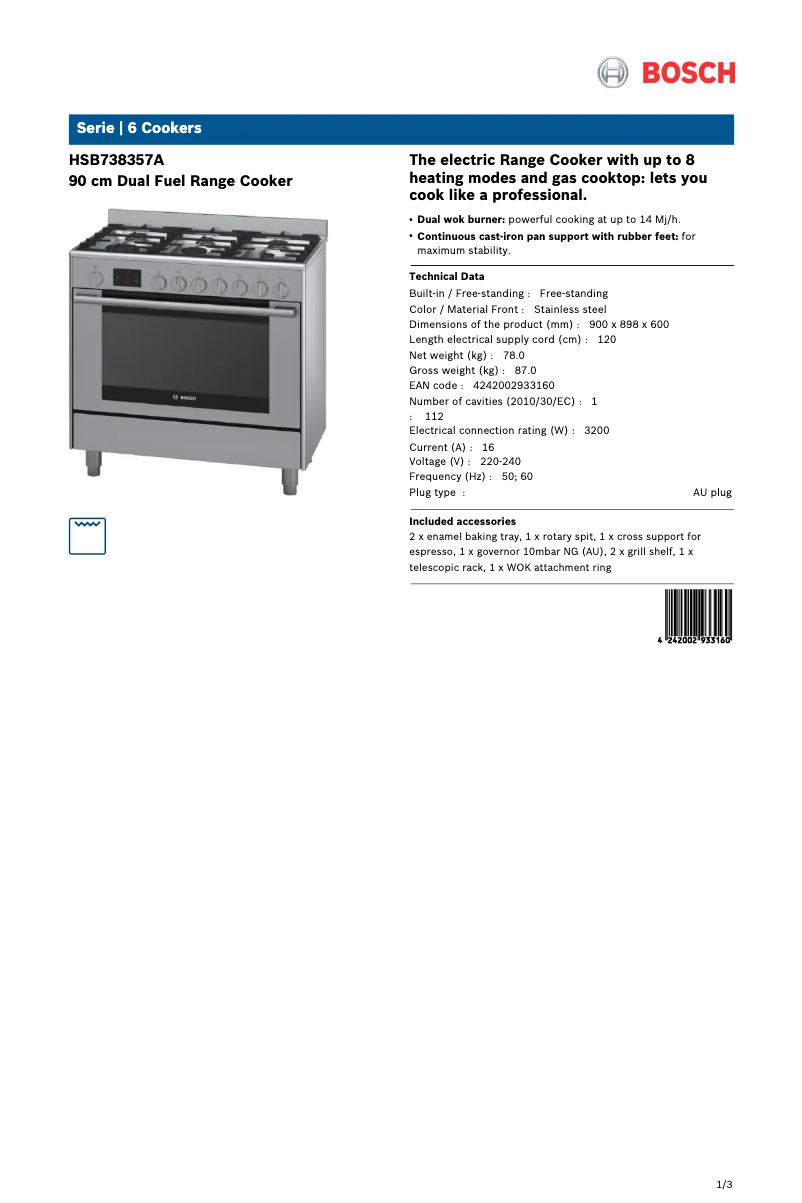 Page 1 de la notice Fiche technique Bosch HSB738357A