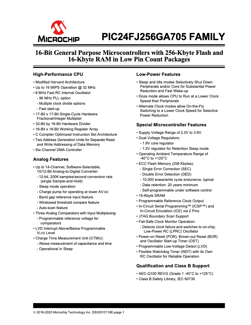 Página 1 del manual Ficha técnica Microchip PIC24FJ128GA704