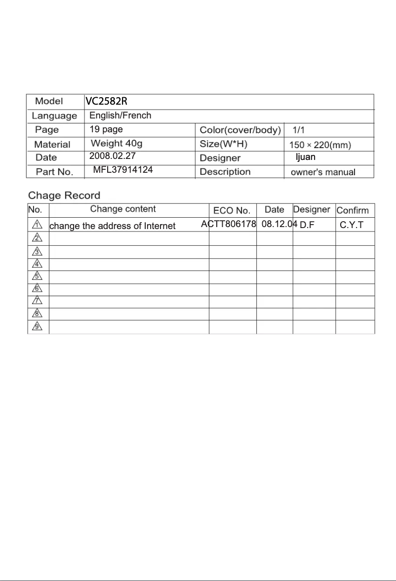 Page n°1 - Manuel utilisateur LG VC2582R