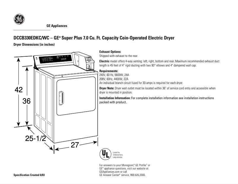 Page n°1 - Fiche technique GE DCCB330EDKC