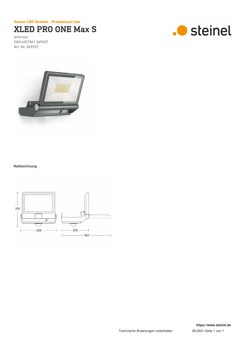 Page 1 de la notice Dessin technique Steinel XLED PRO ONE Max S