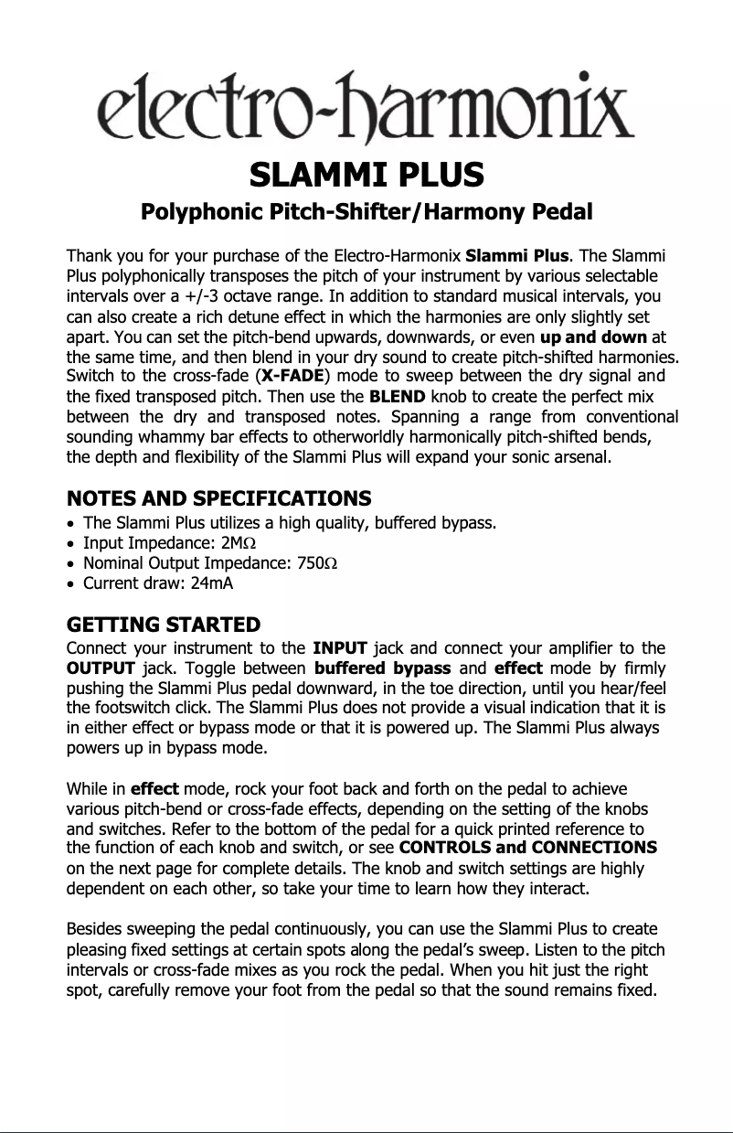 Page n°1 - Manuel utilisateur Electro Harmonix Slammi Plus