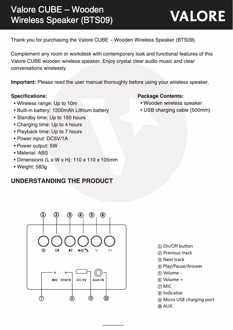 Page 1 de la notice Manuel utilisateur Valore BTS09