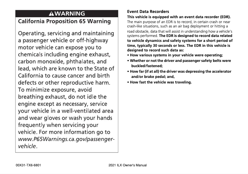 Page 1 de la notice Manuel utilisateur Acura ILX (2021)