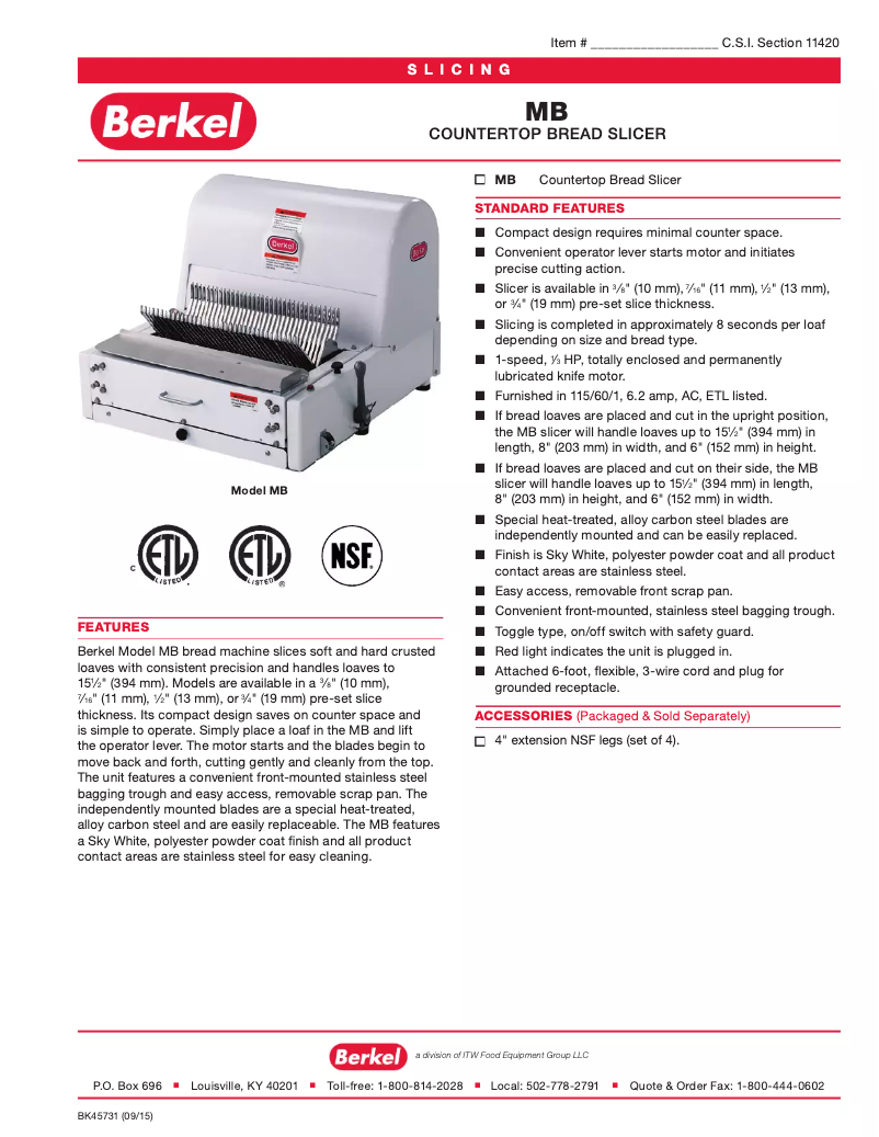 Page 1 de la notice Fiche technique Berkel MB1-2STD