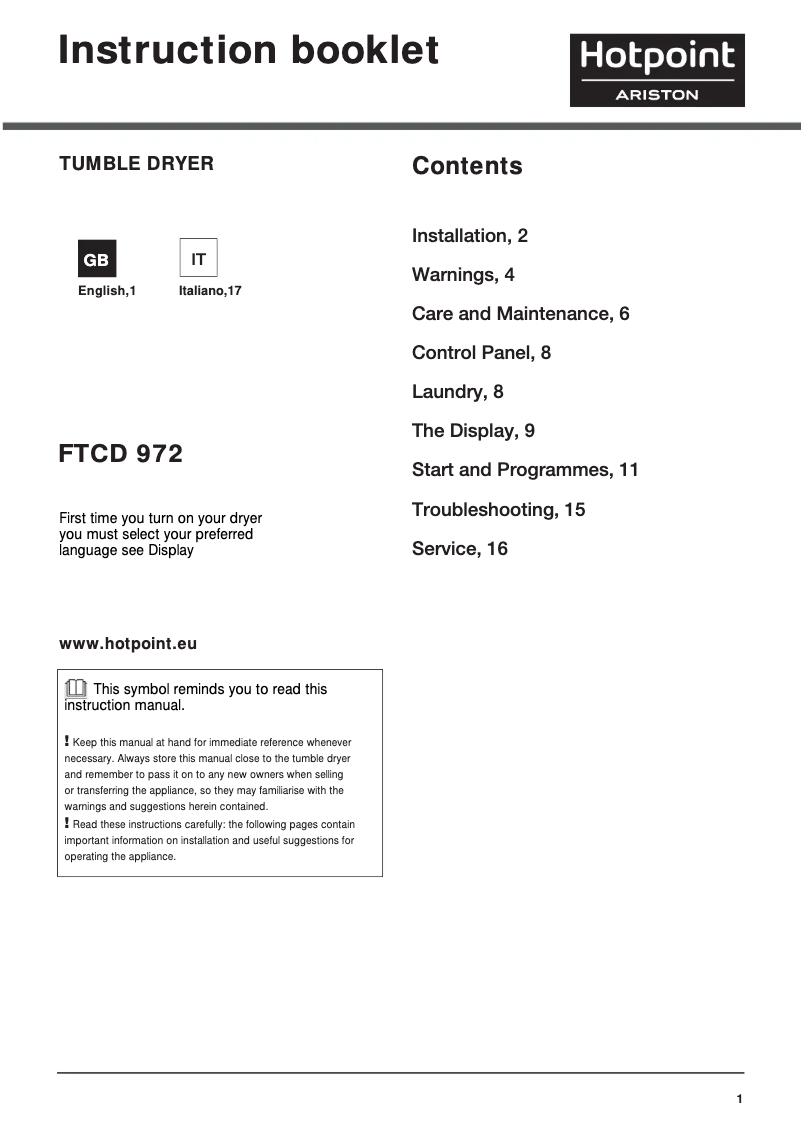 Page 1 de la notice Manuel utilisateur Hotpoint FTCD 972 6HM1