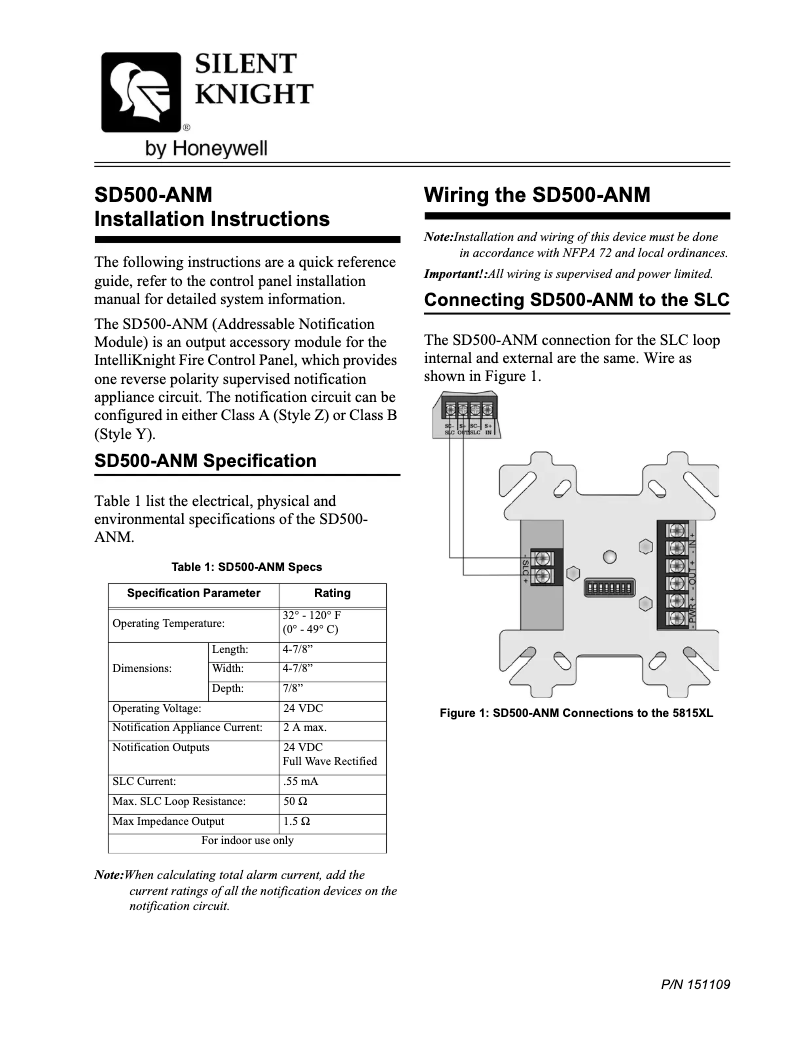 Page n°1 - Manuel utilisateur Silent Knight SD500-ANM