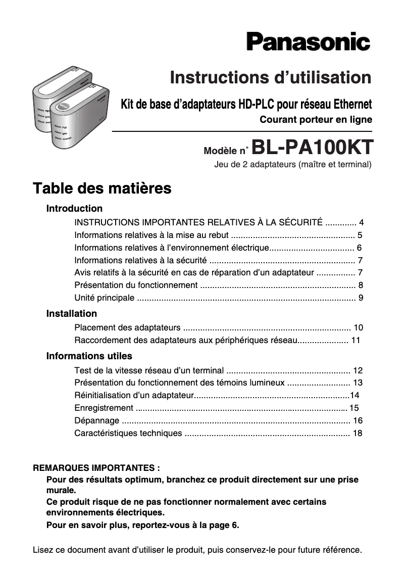 Image de la première page du manuel de l'appareil BL-PA100KT