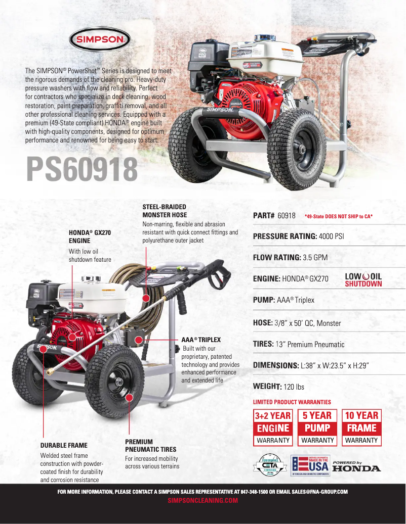 Page 1 de la notice Fiche technique Simpson Pro Series PS60918