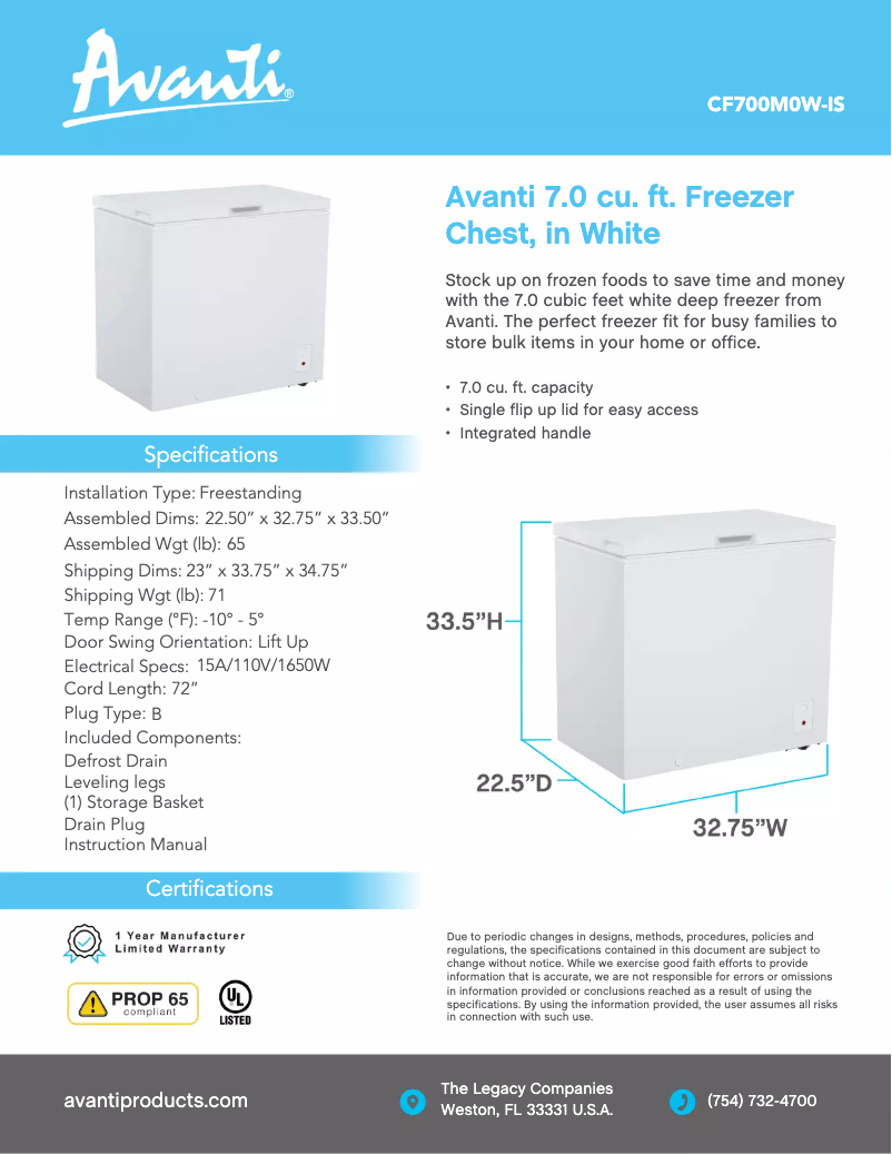 Page 1 de la notice Fiche technique Avanti CF700M0W-IS