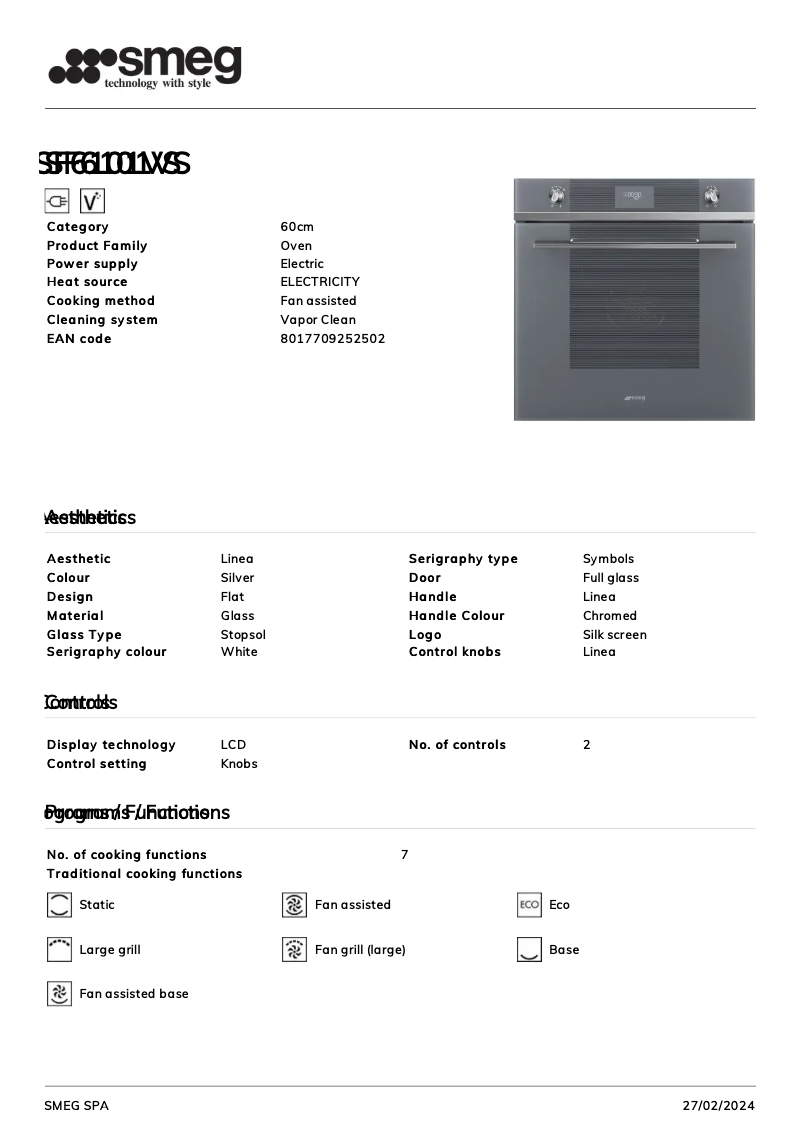 Página 1 del manual Ficha técnica Smeg SF6101VS