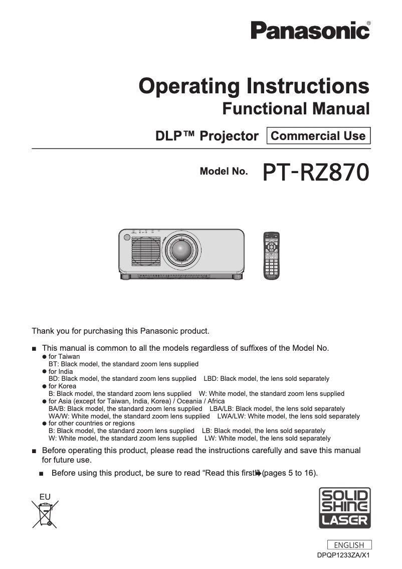 Page n°1 - Manuel utilisateur Panasonic PT-RZ870LBEJ