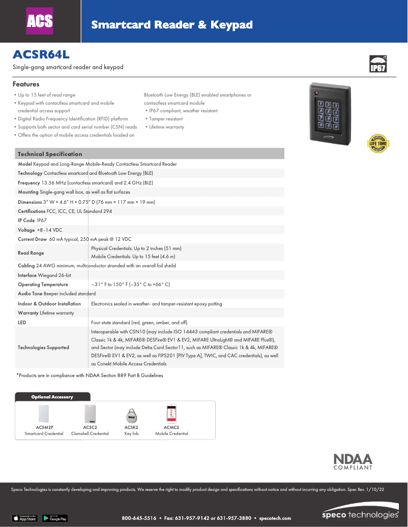 Page n°1 - Fiche technique Speco Technologies ACSR64L