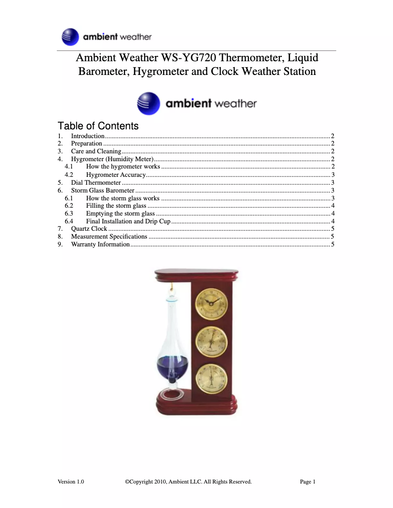 Page 1 de la notice Manuel utilisateur Ambient Weather WS-YG720