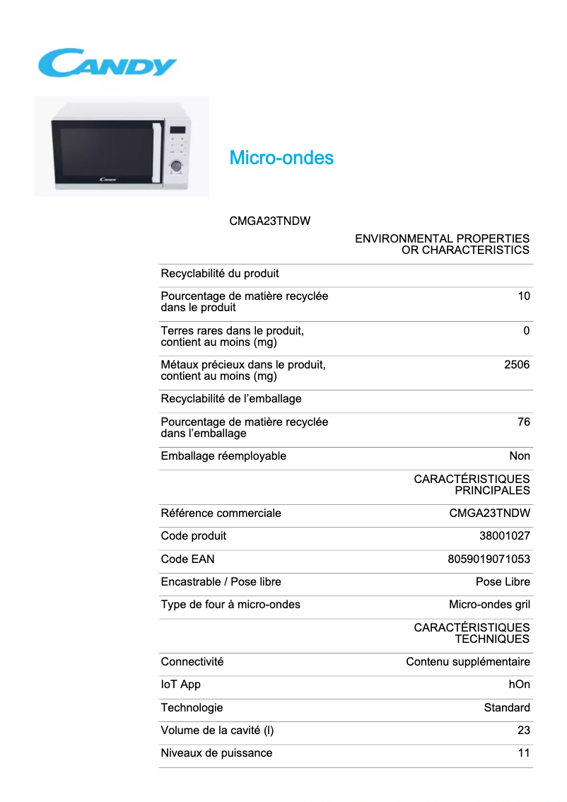 Image de la première page du manuel de l'appareil CMGA23TNDW