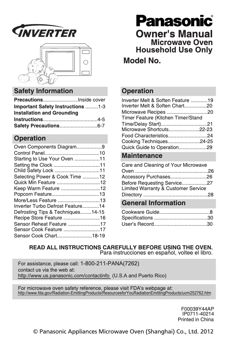 Page n°1 - Manuel utilisateur Panasonic Inverter NN-SD681S