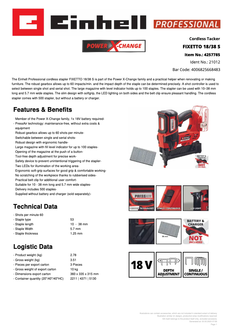 Page 1 de la notice Fiche technique Einhell FIXETTO 18/38 S