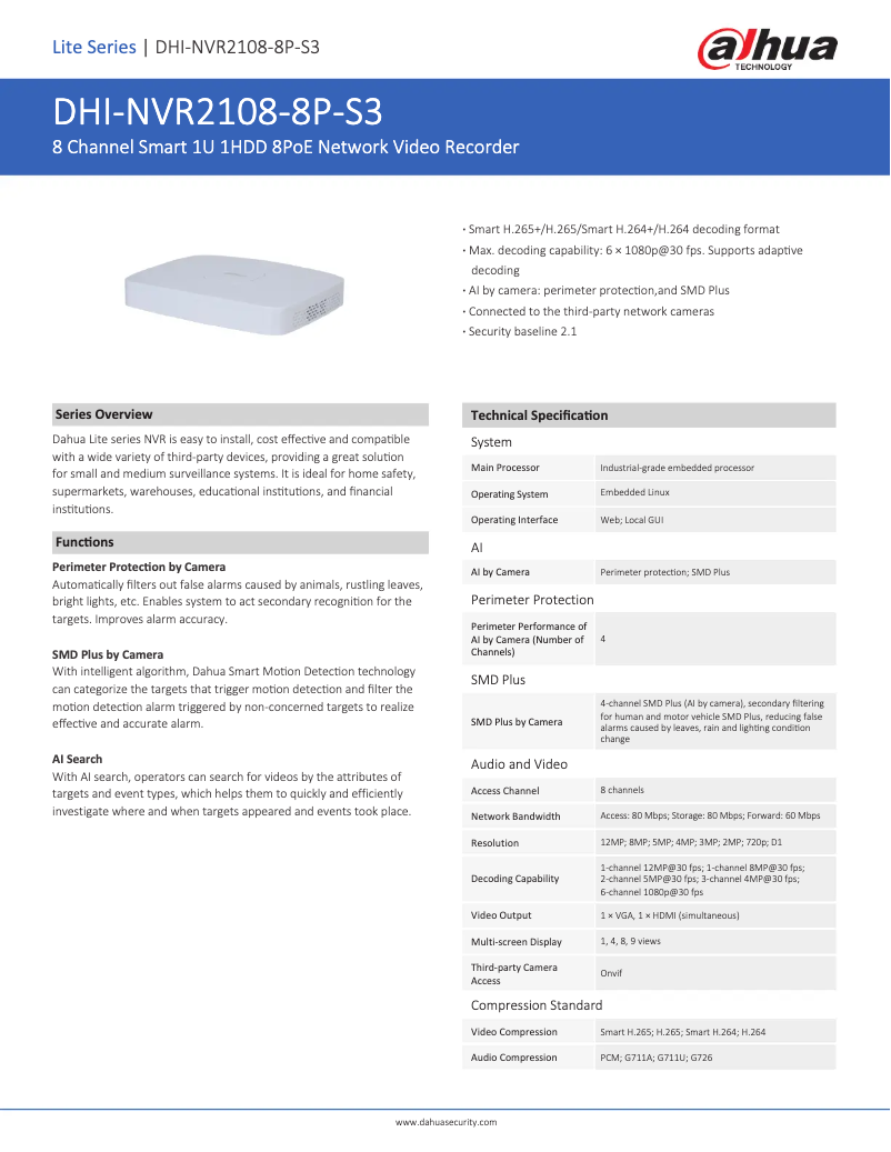 Page n°1 - Fiche technique Dahua Technology NVR2108-8P-S3