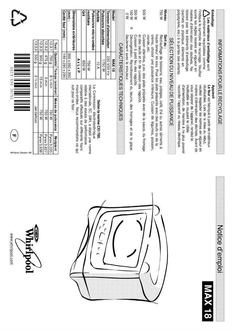Page 1 de la notice Manuel utilisateur Whirlpool MAX 18