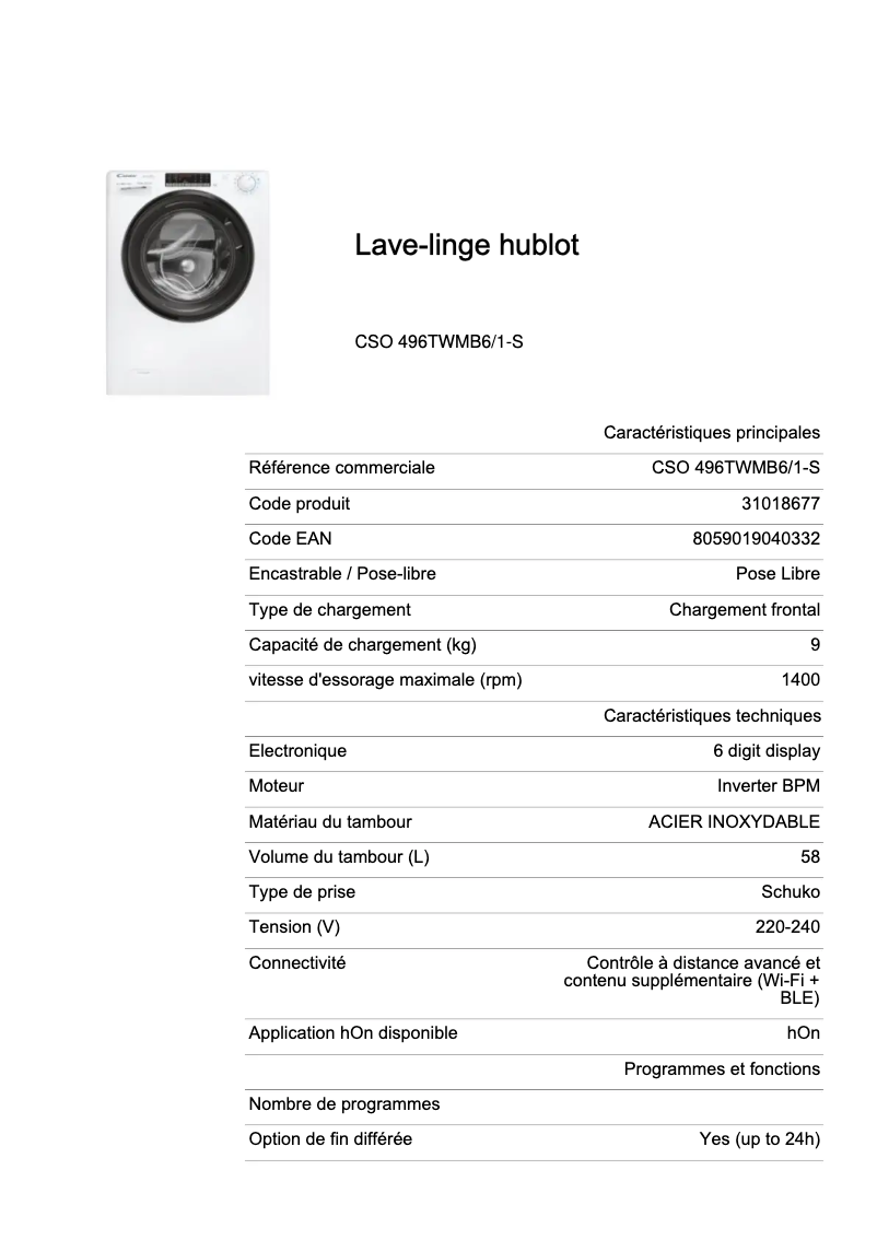 Page 1 de la notice Fiche technique Candy CSO 496TWMB6/1-S