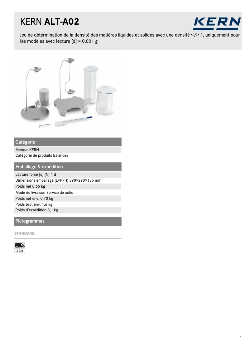 Page 1 de la notice Fiche technique Kern ALT-A02
