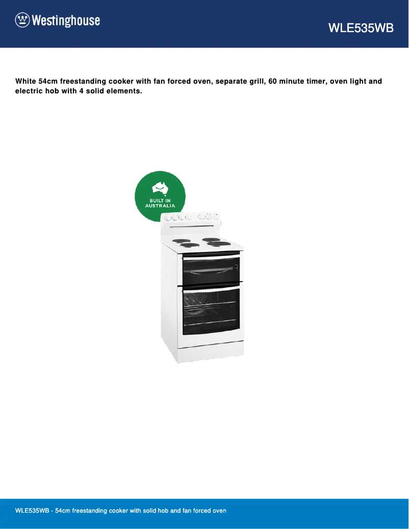Page 1 de la notice Fiche technique Westinghouse WLE535WB