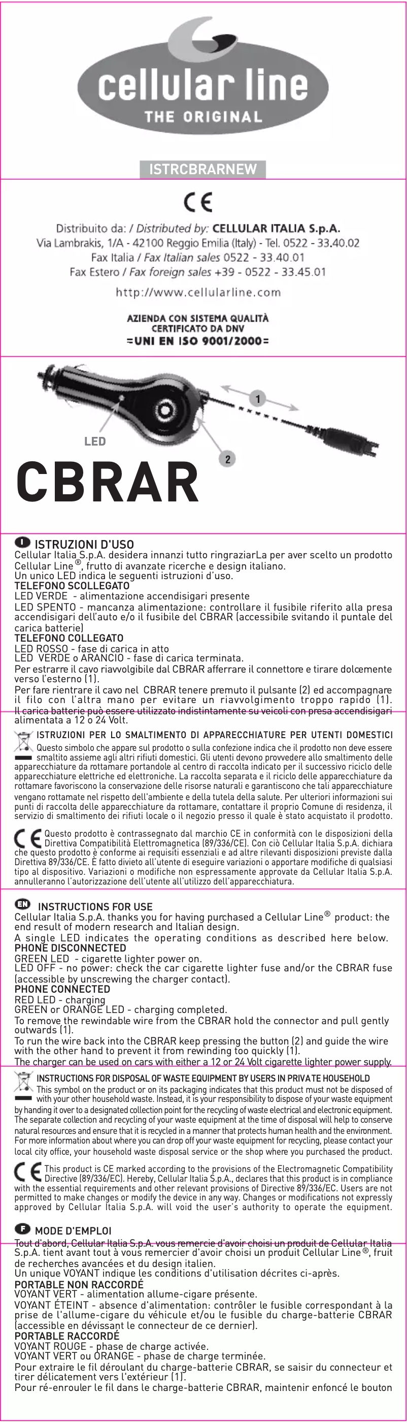 Page 1 de la notice Manuel utilisateur Cellular Line CBRARK750