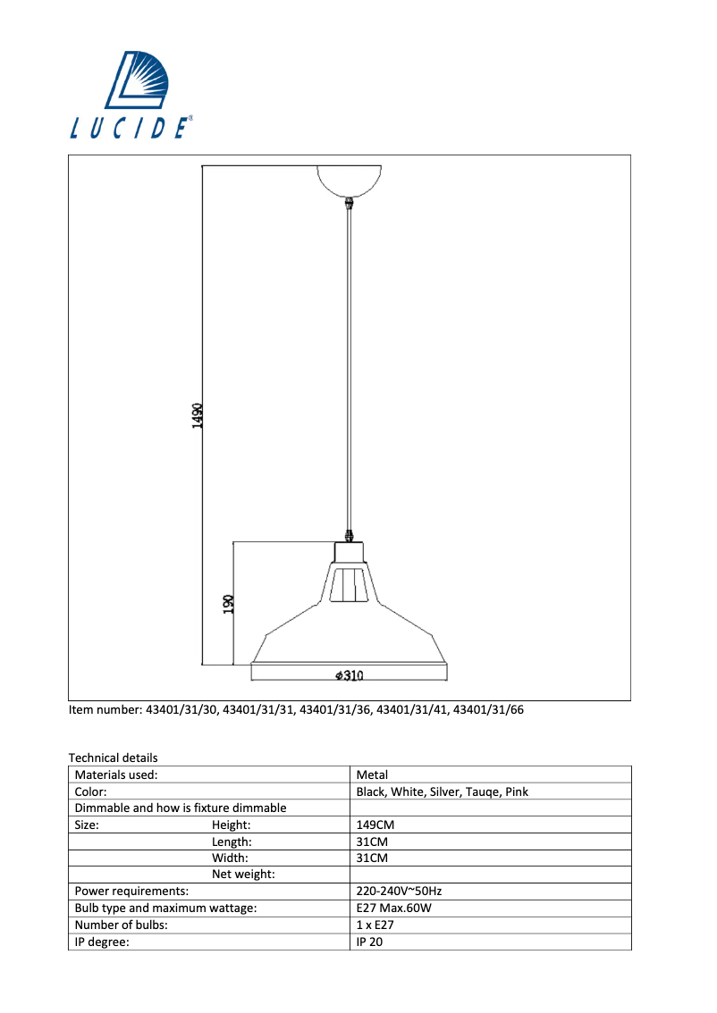 Page 1 de la notice Manuel utilisateur Lucide Brassy 43401/31/41