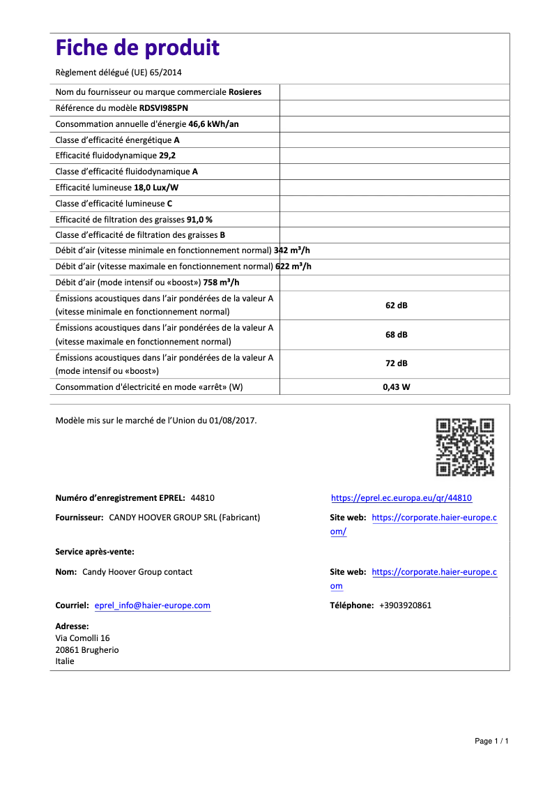 Page n°1 - Fiche technique Rosieres RDSVI 985 PN