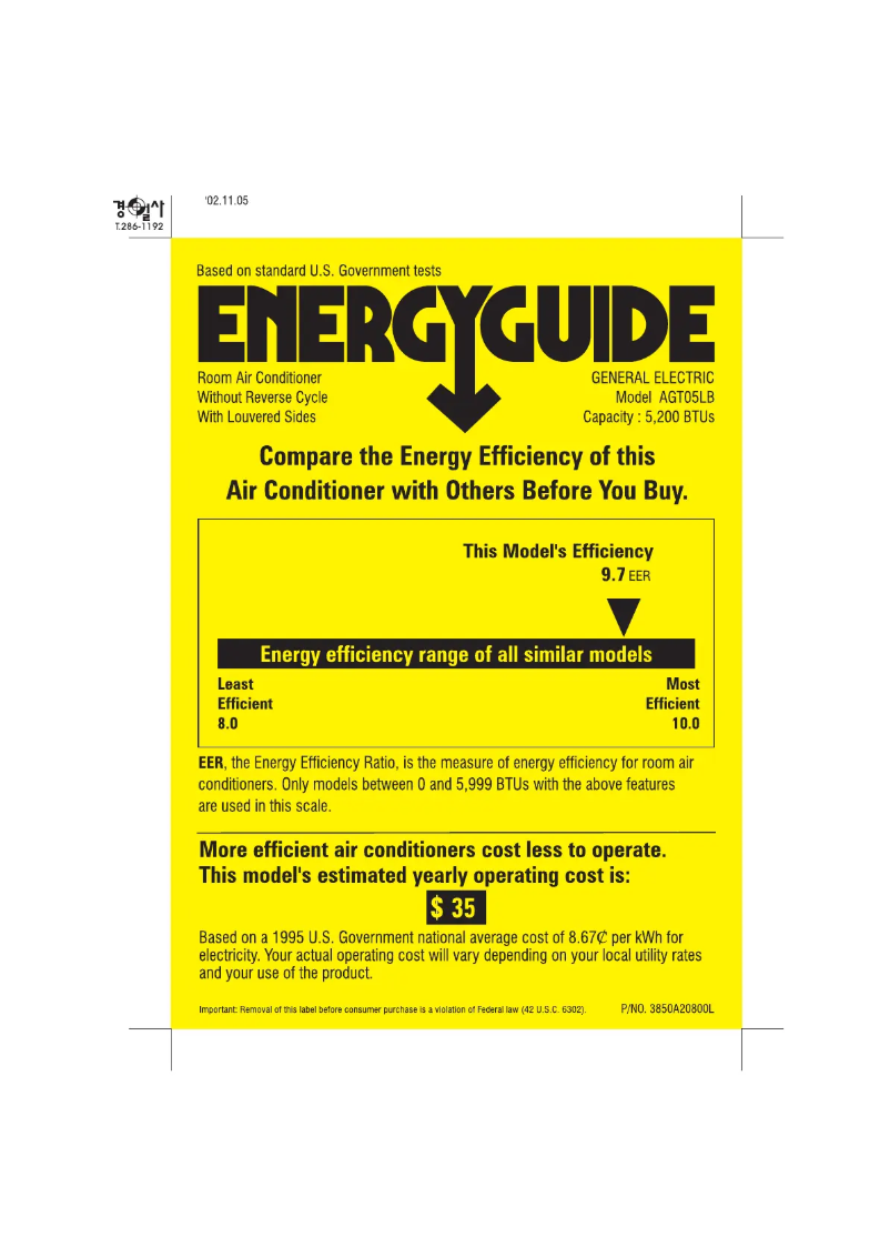 Page 1 de la notice Label énergétique GE AGT05LB