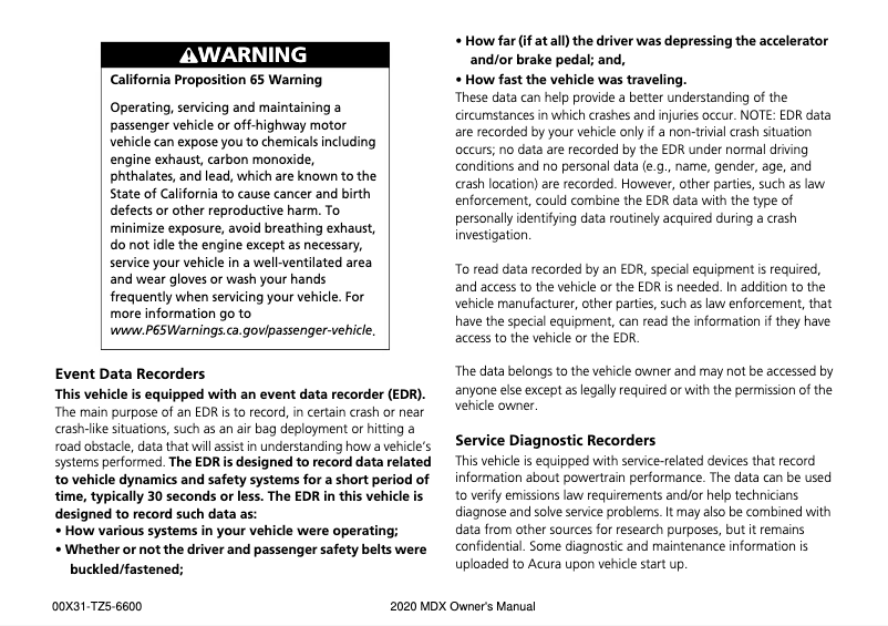 Page 1 de la notice Manuel utilisateur Acura MDX (2020)