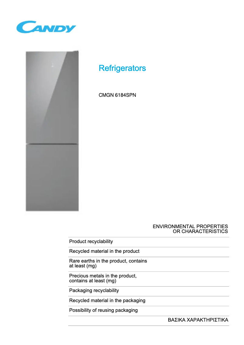 Page 1 de la notice Fiche technique Candy CMGN 6184SPN