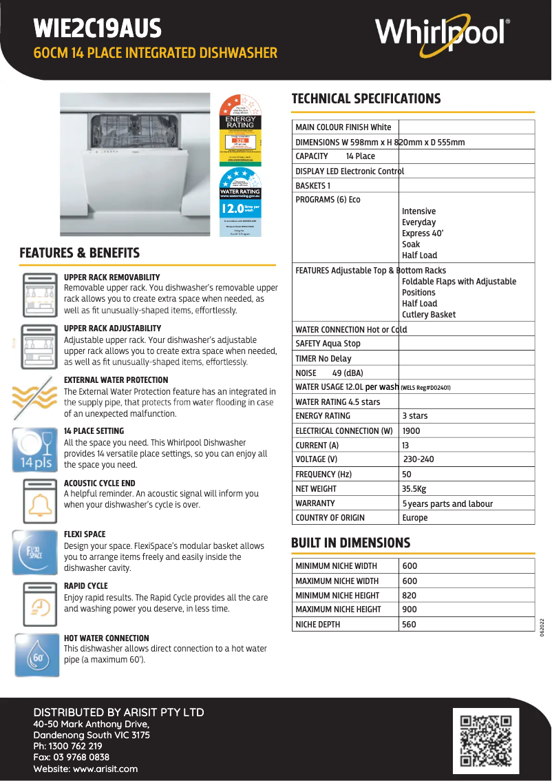 Página 1 del manual Ficha técnica Whirlpool WIE2C19AUS