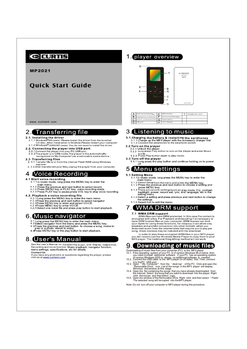 Page 1 de la notice Manuel utilisateur Curtis MP2021