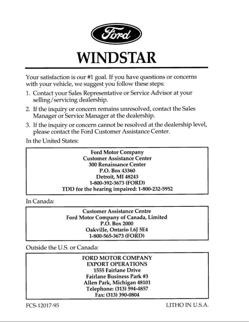 Page n°1 - Mode d'emploi Ford Windstar (1996)