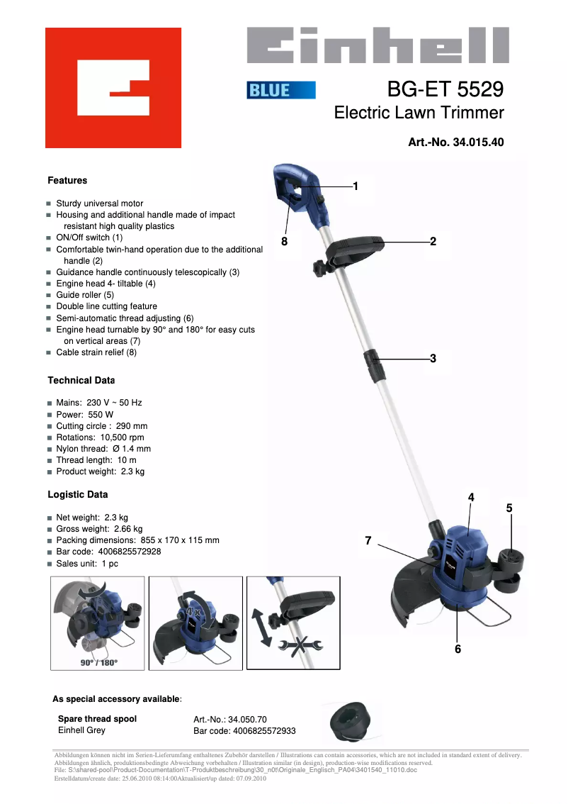 Page 1 de la notice Fiche technique Einhell BG-ET 5529