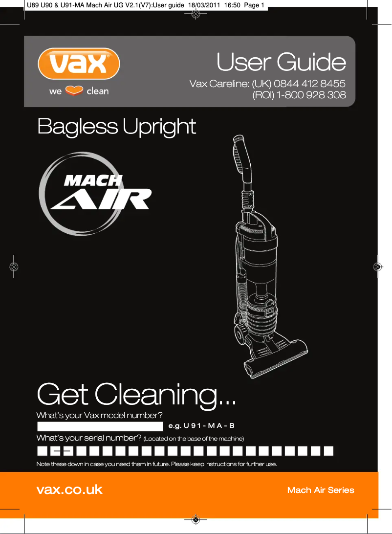 Page 1 de la notice Manuel utilisateur Vax Mach Air U91-MA