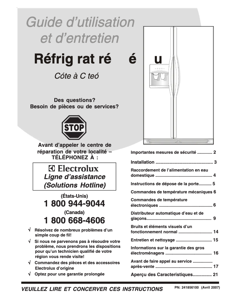 Page 1 de la notice Manuel utilisateur Frigidaire GLHS68EJPW