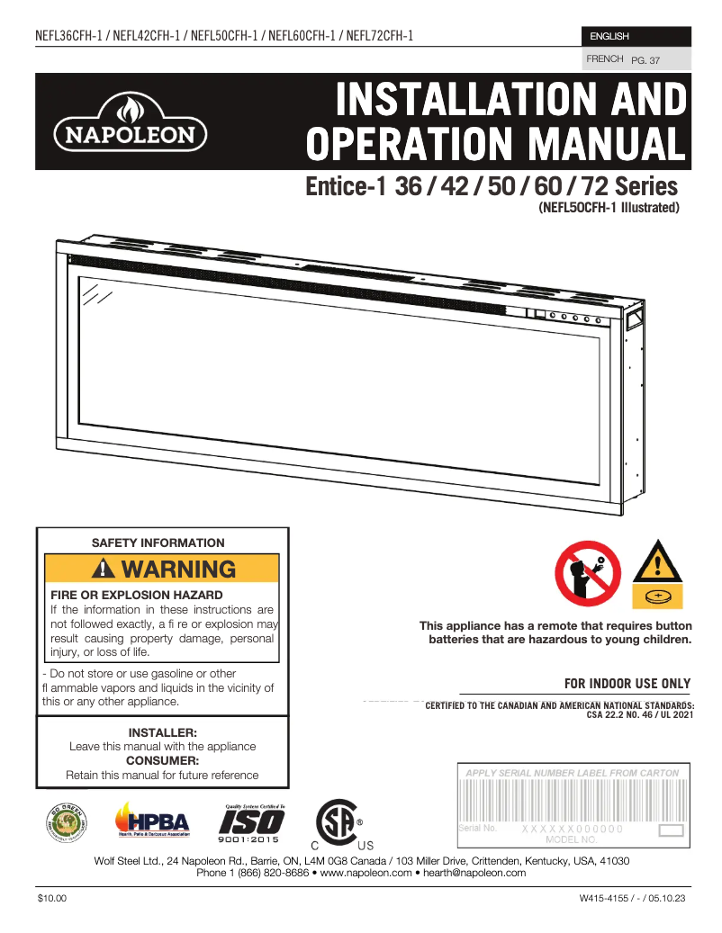 Page n°1 - Manuel utilisateur Napoleon Entice NEFL42CFH-1